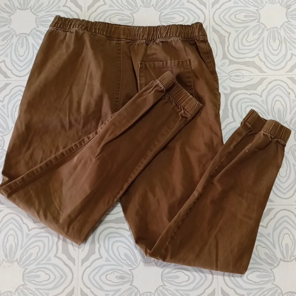 Mens Pants Brown green shade sz 30 Sm med stretch waist cuff Athletic lounge b62